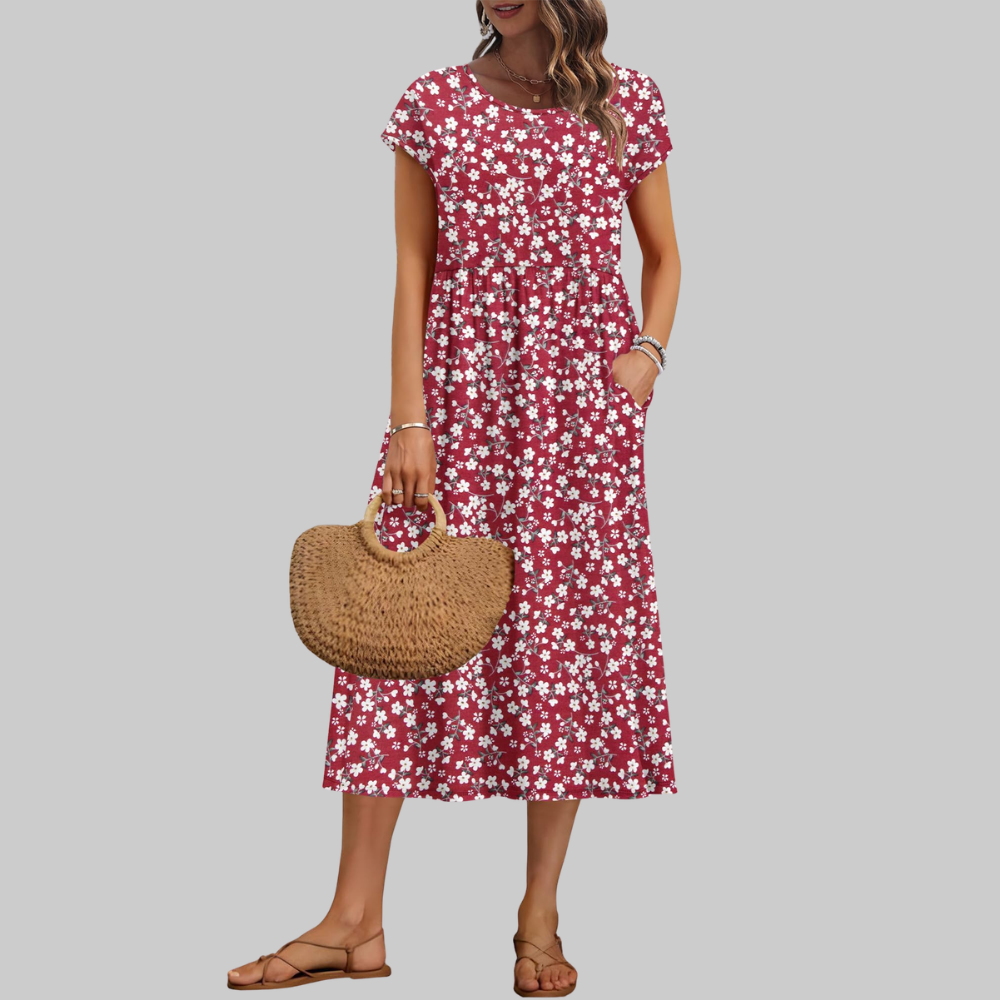 Mila Abito Midi Donna – Vestito Estivo A-Line con Girocollo, Maniche Corte e Tasche