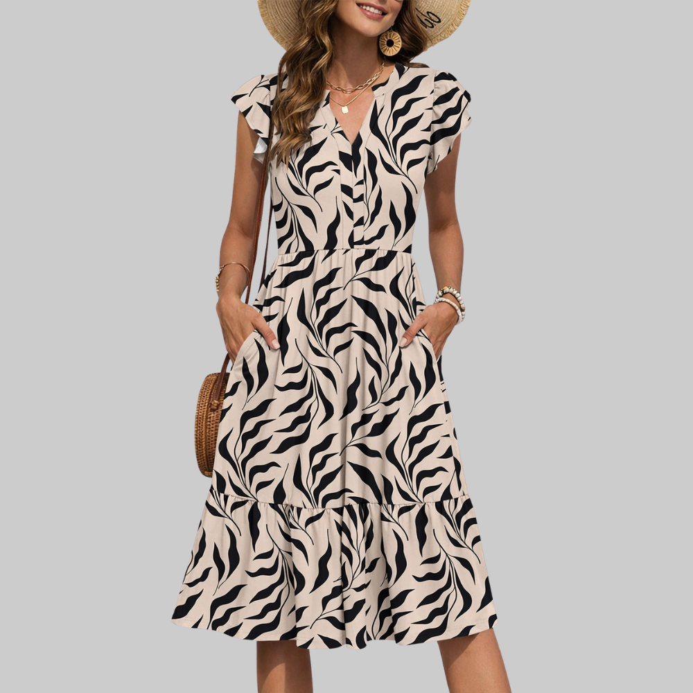 Bella Abito Midi Donna – Vestito Estivo A-Line con Scollo a V, Volant e Tasche