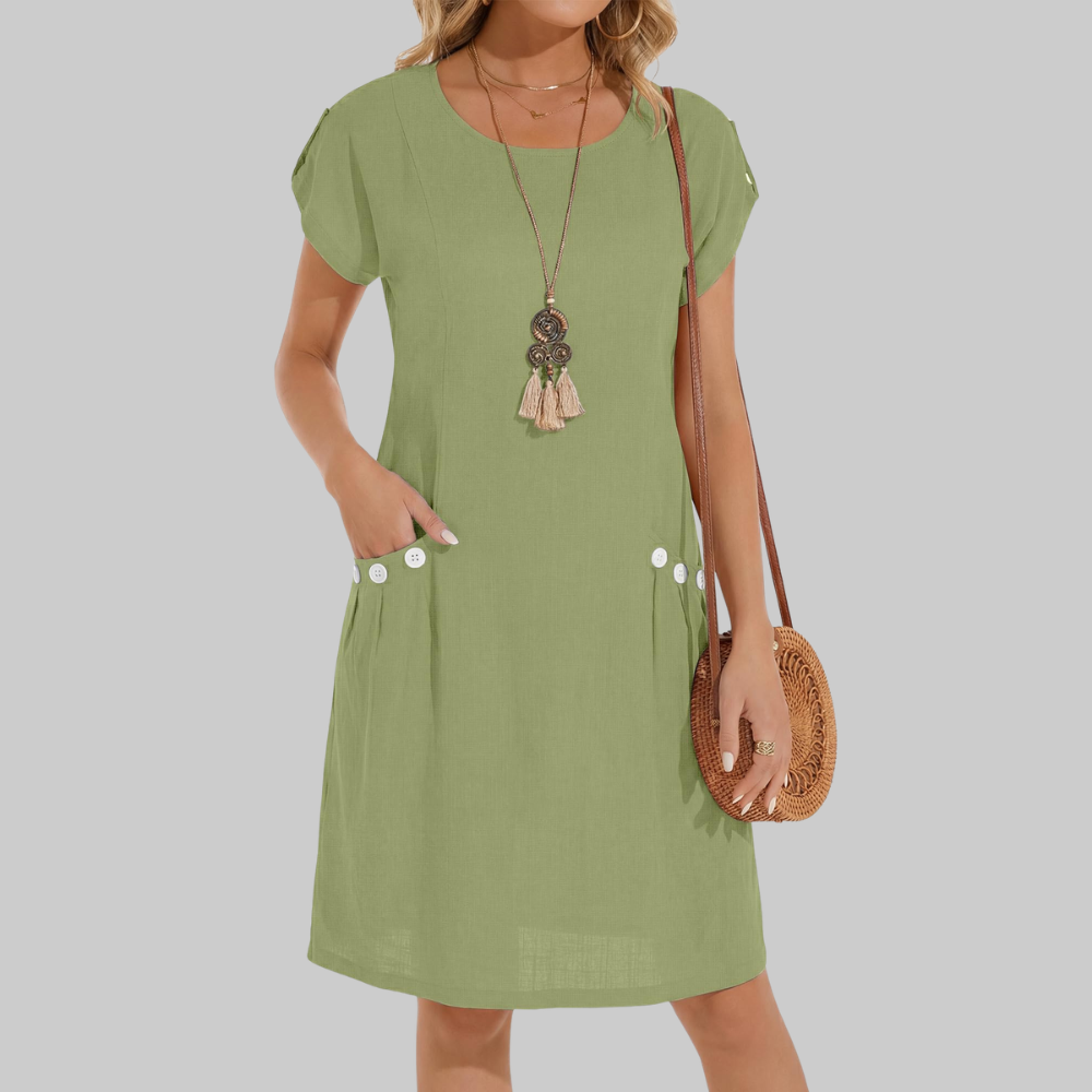 Serenity Abito in Lino Donna – Vestito Midi A-Line con Girocollo e Tasche