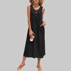 Arianne Abito Maxi Donna – Vestito Estivo Senza Maniche con Bottoni e Tasche