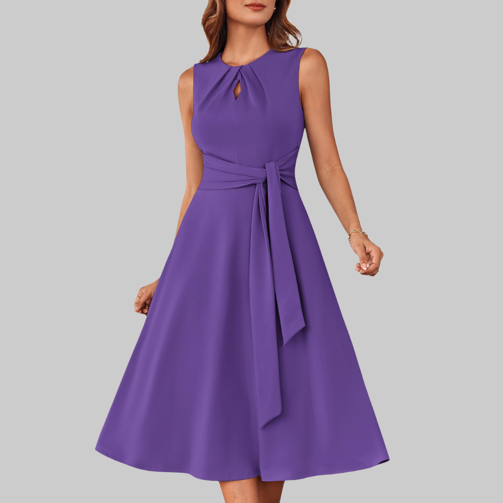 Bella Abito Midi Donna – Vestito A-Line Senza Maniche con Cintura e Tasche