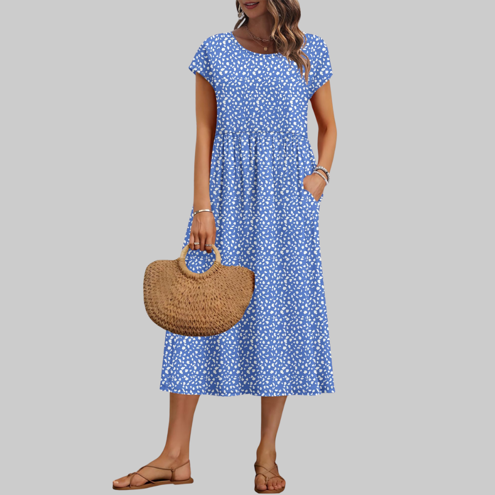 Mila Abito Midi Donna – Vestito Estivo A-Line con Girocollo, Maniche Corte e Tasche