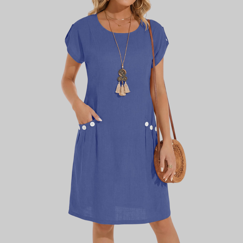 Serenity Abito in Lino Donna – Vestito Midi A-Line con Girocollo e Tasche