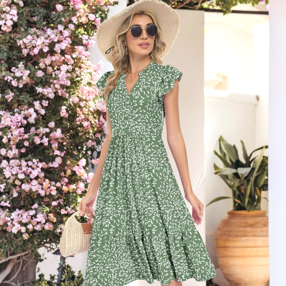 Bella Vestido Midi para Mujer – Vestido de Verano en Línea A con Escote en V, Volantes y Bolsillos