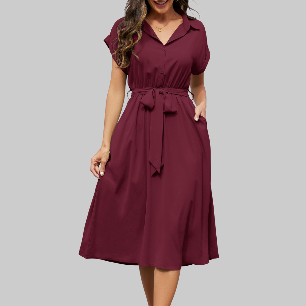 Audrey Abito Camicia Donna – Vestito Midi con Scollo a V, Maniche Corte e Tasche