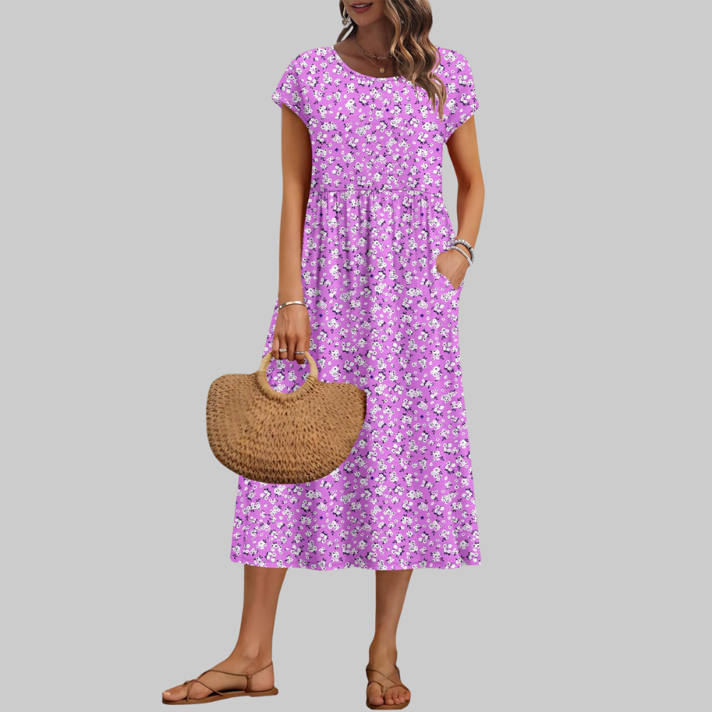 Mila Abito Midi Donna – Vestito Estivo A-Line con Girocollo, Maniche Corte e Tasche