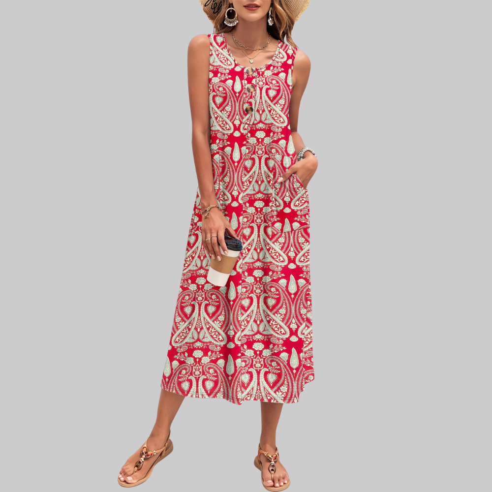 Arianne Abito Maxi Donna – Vestito Estivo Senza Maniche con Bottoni e Tasche