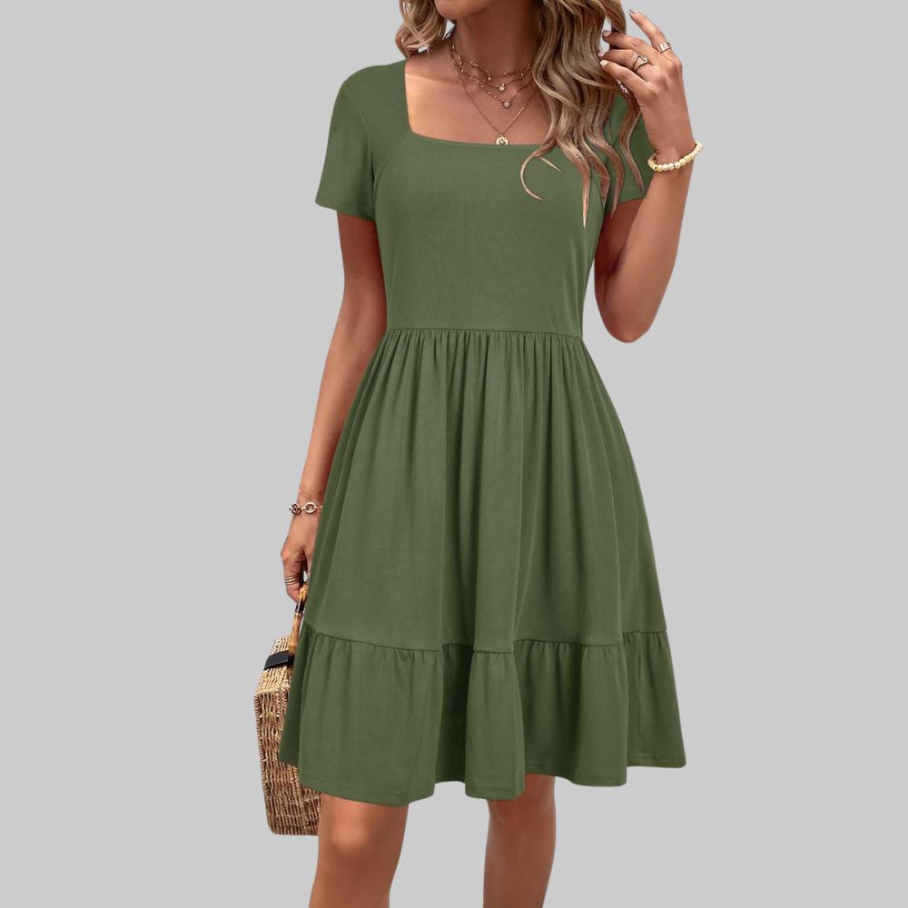 Stella Women's Summer Dress – Knee-Length Dress with Square Neck and Pockets