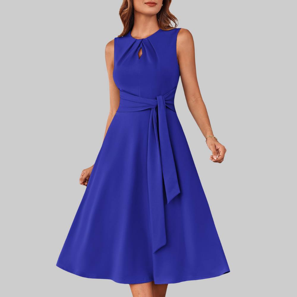 Bella Abito Midi Donna – Vestito A-Line Senza Maniche con Cintura e Tasche