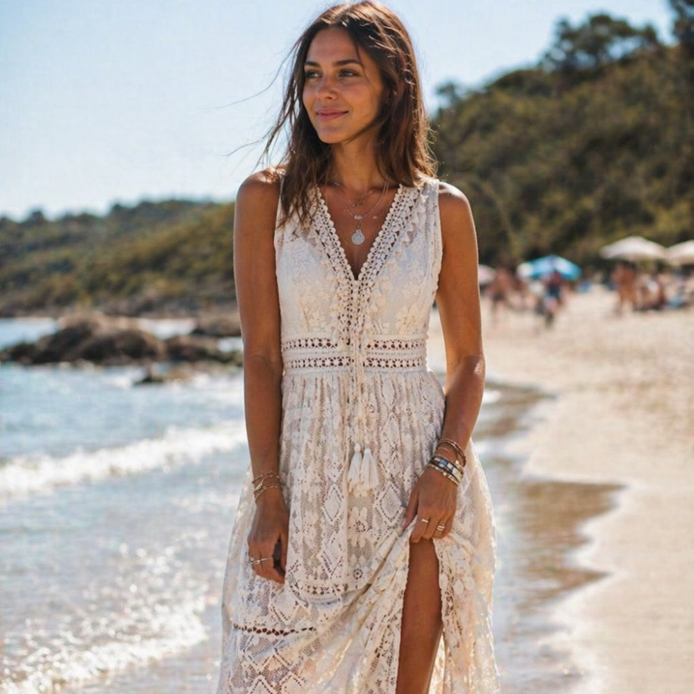 Estella Vestido Mujer Boho – Vestido Midi Elegante Escote en V, Forrado, Casual Chic de Verano