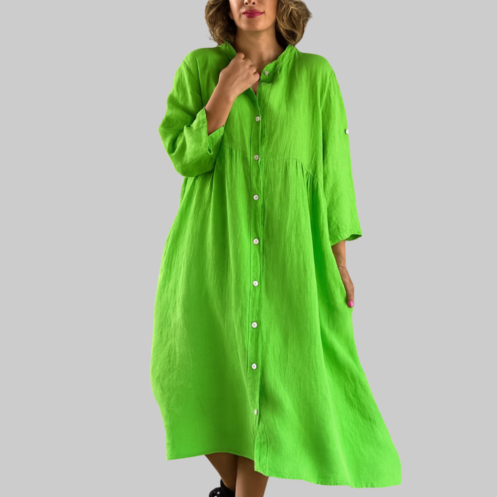 Clara Robe Femme Chemisier – Robe Coton Lin, Boutons, Coupe Ample Décontractée