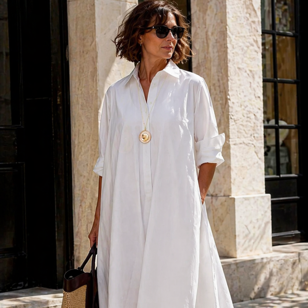 Olivia Robe Femme Chemisier – Robe Élégante avec Boutons, Ceinture, Midi Fluide