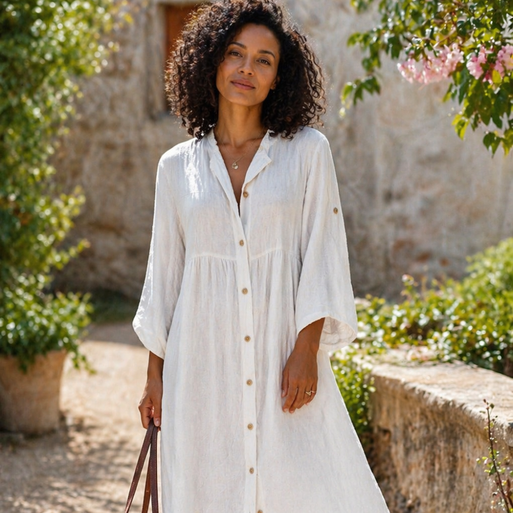 Clara Robe Femme Chemisier – Robe Coton Lin, Boutons, Coupe Ample Décontractée