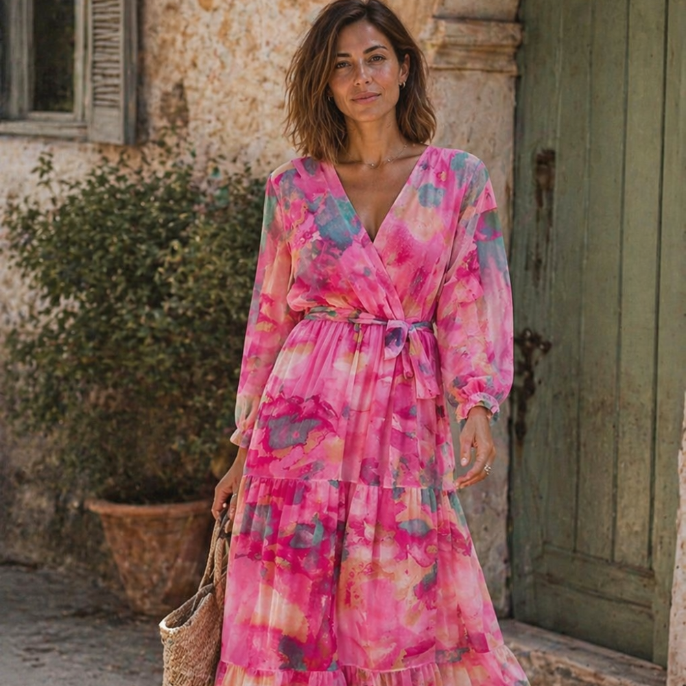 Elia Vestido Mujer Floral – Vestido Midi Plisado Elegante, Veraniego Romántico Chic