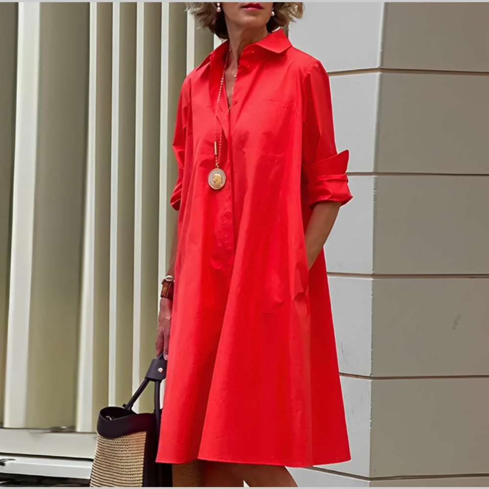 Olivia Robe Femme Chemisier – Robe Élégante avec Boutons, Ceinture, Midi Fluide
