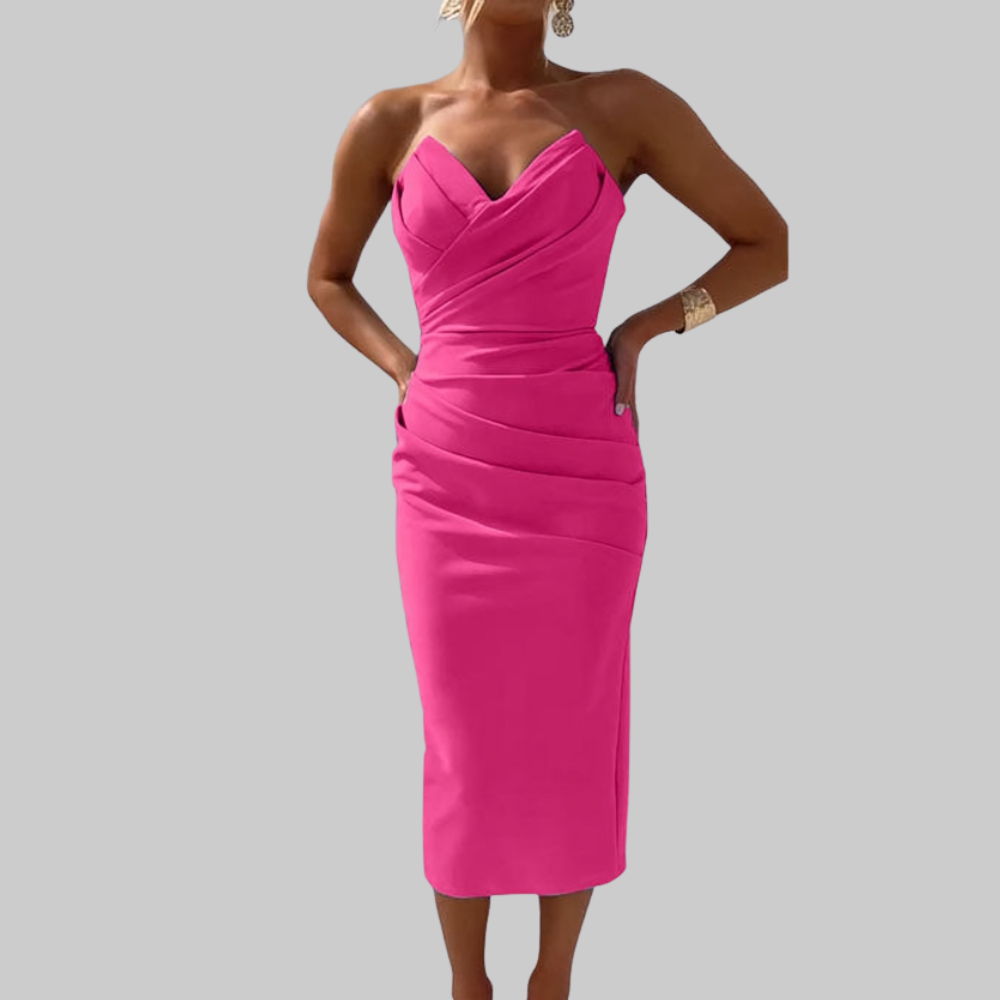 Leanne Vestido Mujer Midi – Vestido Elegante Escote Corazón, Tejido Fluido, Chic