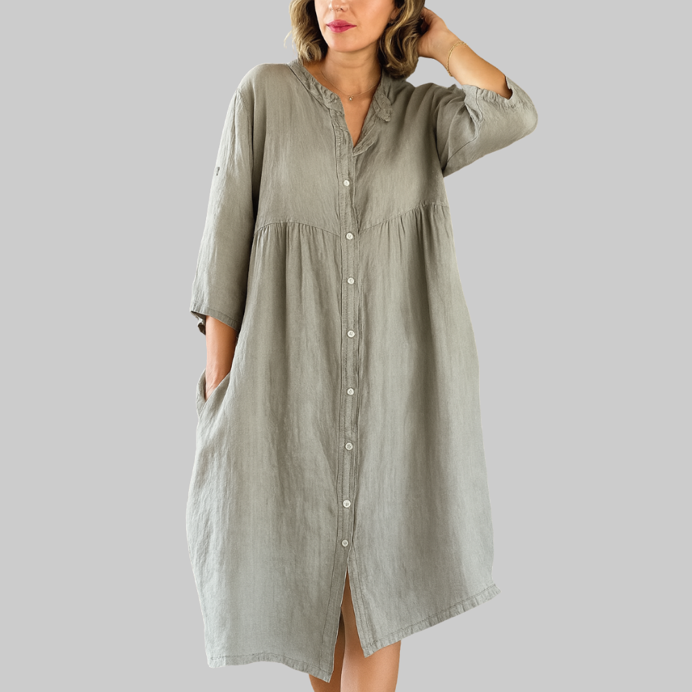 Clara Vestido Mujer Camisero – Vestido Algodón Lino, Botones, Ajuste Amplio Casual