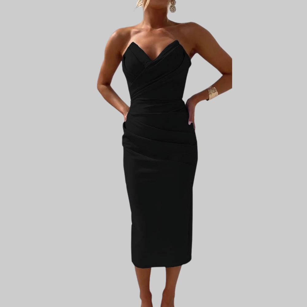 Leanne Vestido Mujer Midi – Vestido Elegante Escote Corazón, Tejido Fluido, Chic