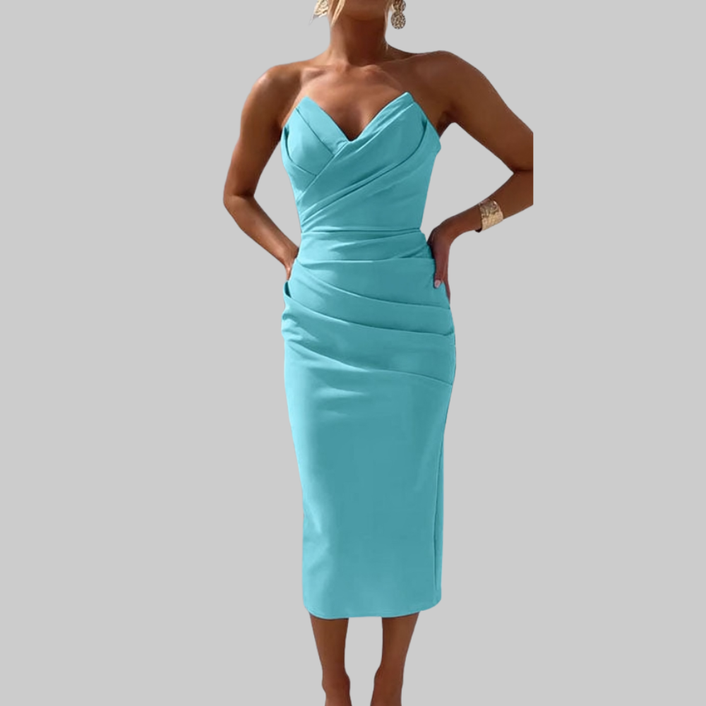 Leanne Vestido Mujer Midi – Vestido Elegante Escote Corazón, Tejido Fluido, Chic