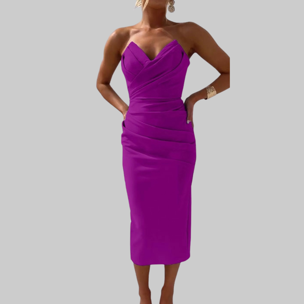 Leanne Vestido Mujer Midi – Vestido Elegante Escote Corazón, Tejido Fluido, Chic