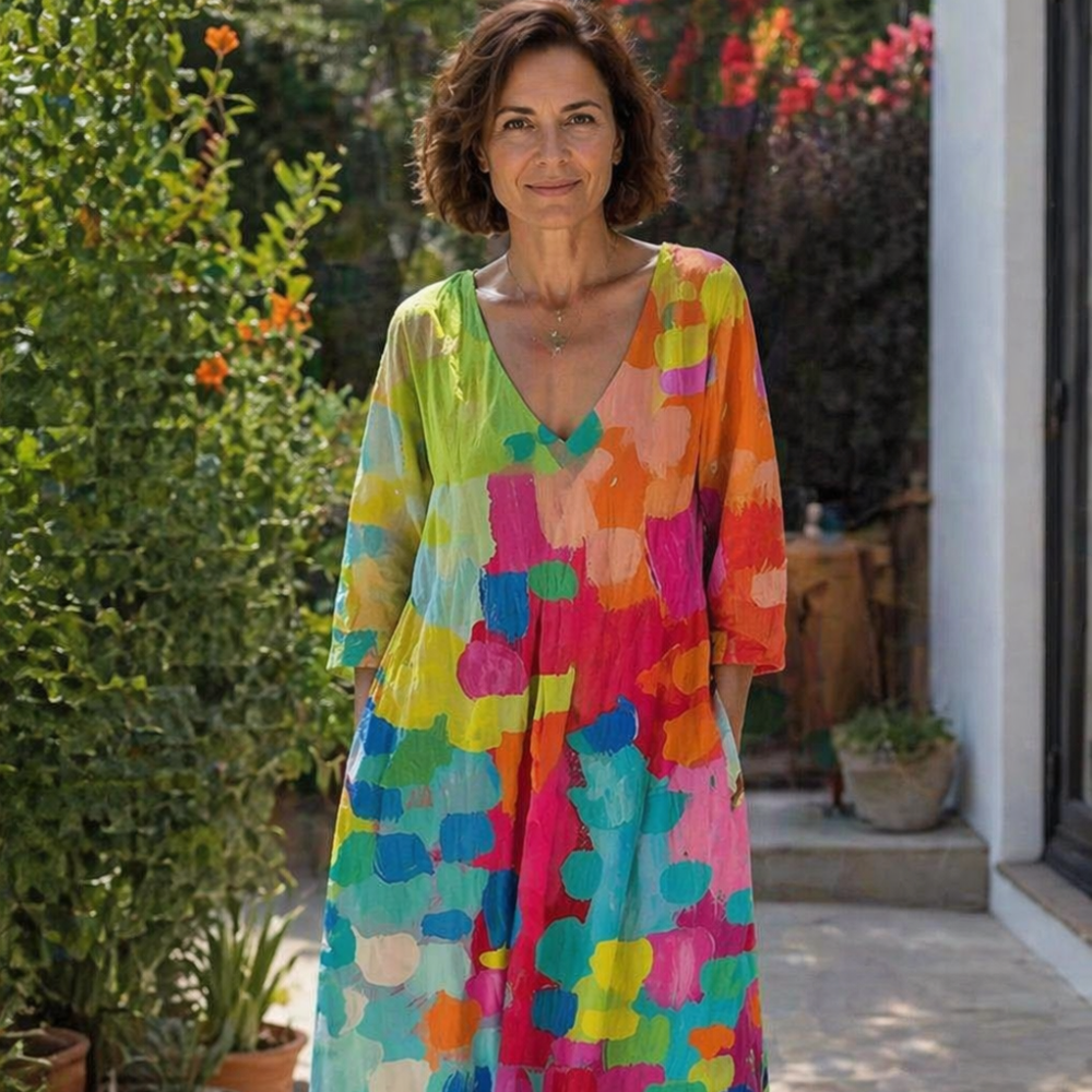Arian Vestido Mujer Verano – Vestido Colorido Escote en V, Fluido, Casual Chic Día Noche