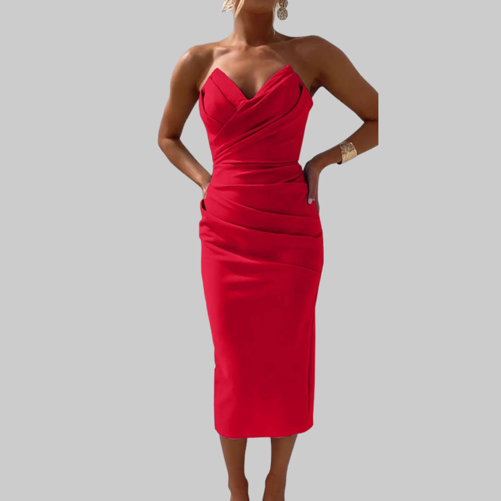 Leanne Vestido Mujer Midi – Vestido Elegante Escote Corazón, Tejido Fluido, Chic