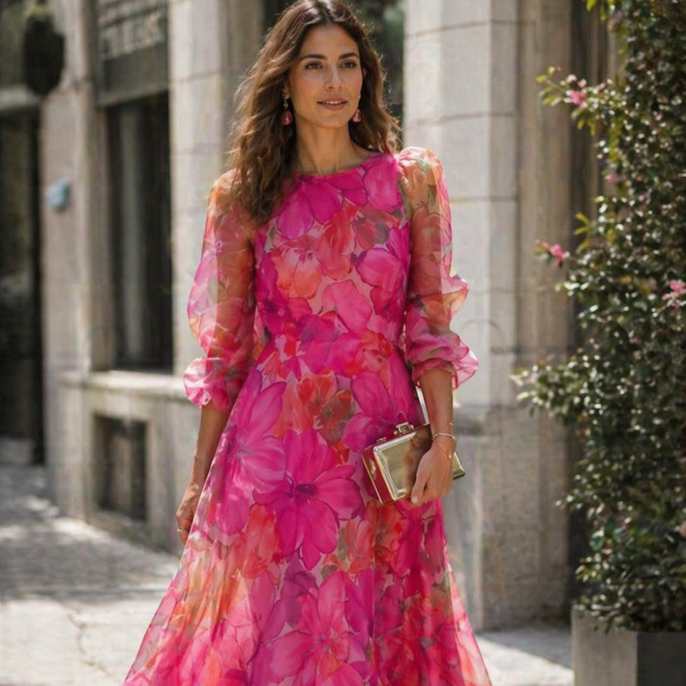 Sophia Robe Femme Élégante – Robe Longue Florale Manches Longues, Cérémonie Chic