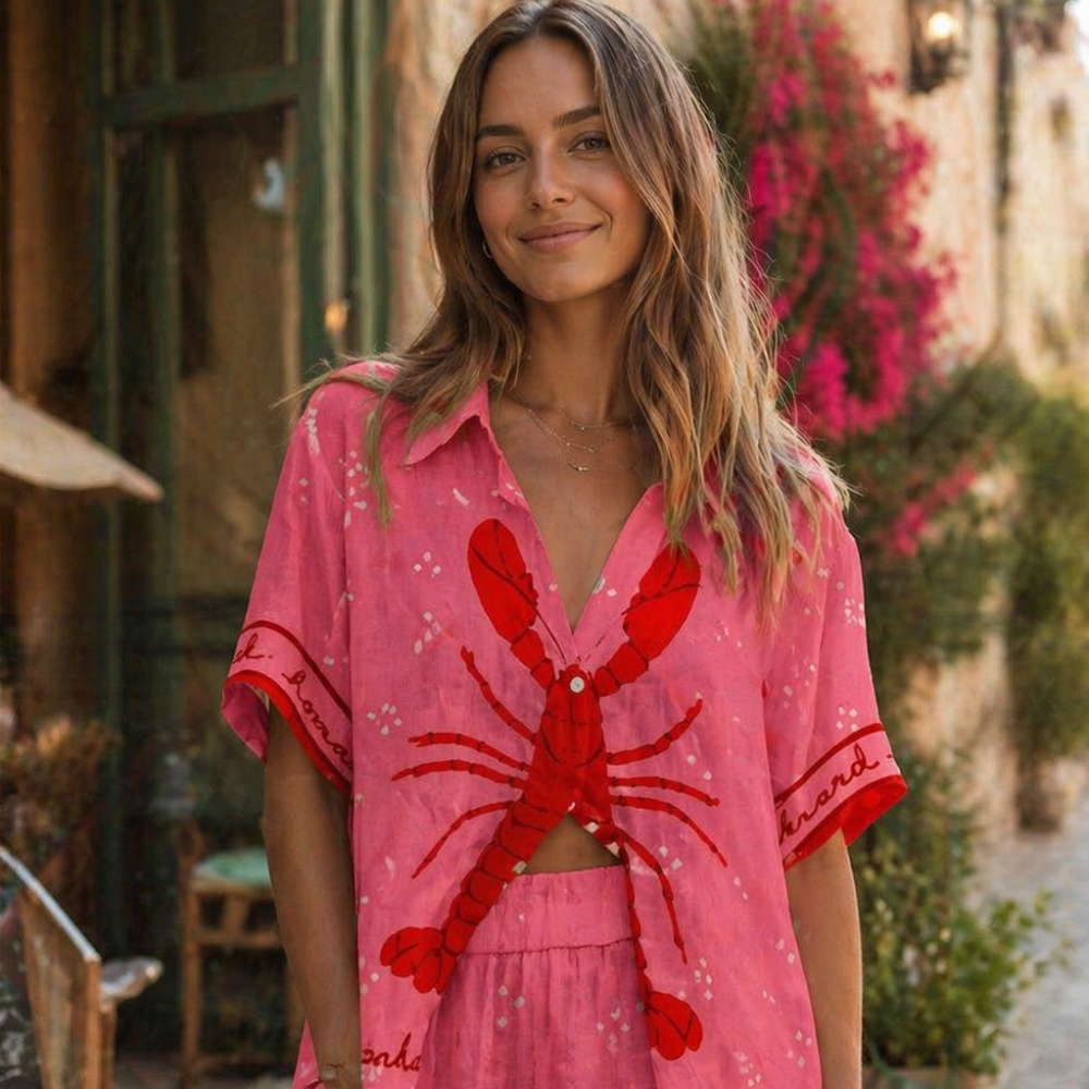 Kana Ensemble Femme Estival – Ensemble 2 Pièces Imprimé Homard, Léger Décontracté Chic