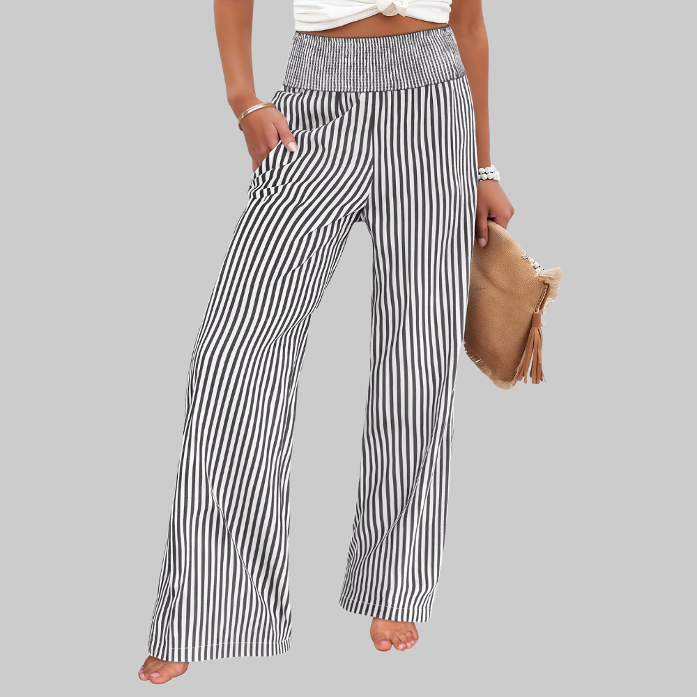 Nova Pantaloni Palazzo Donna – Modello a Vita Alta con Fantasia Righe e Tasche