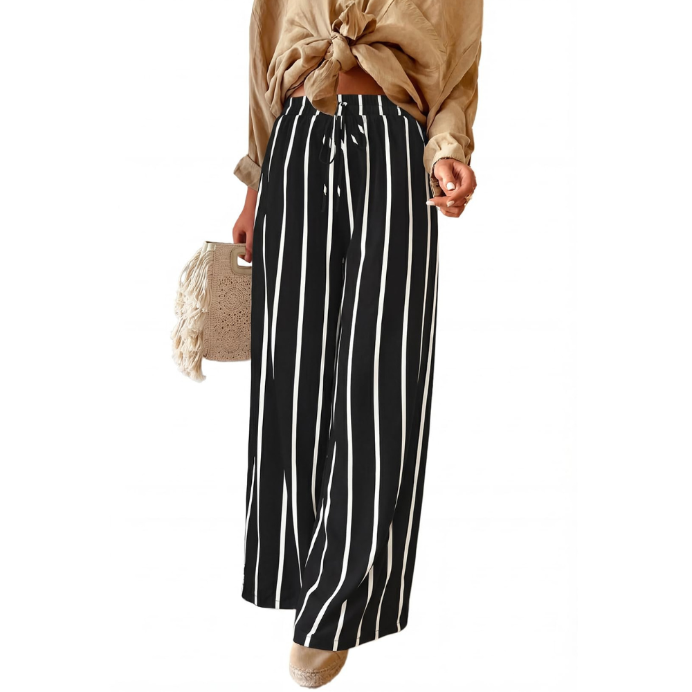 Peper Pantaloni Wide Leg Donna – Modello a Righe con Coulisse e Tasche