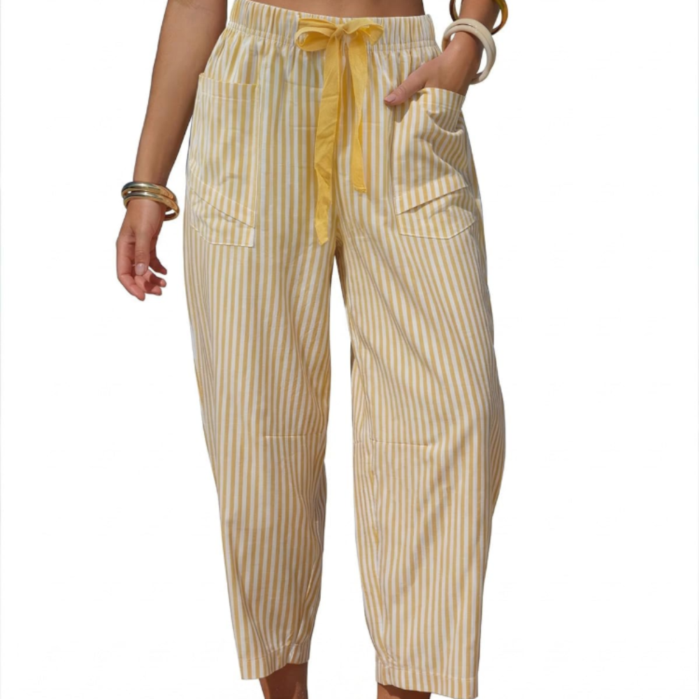 Eleanor Pantaloni Capri Donna – Modello Barrel a Righe con Coulisse e Tasche