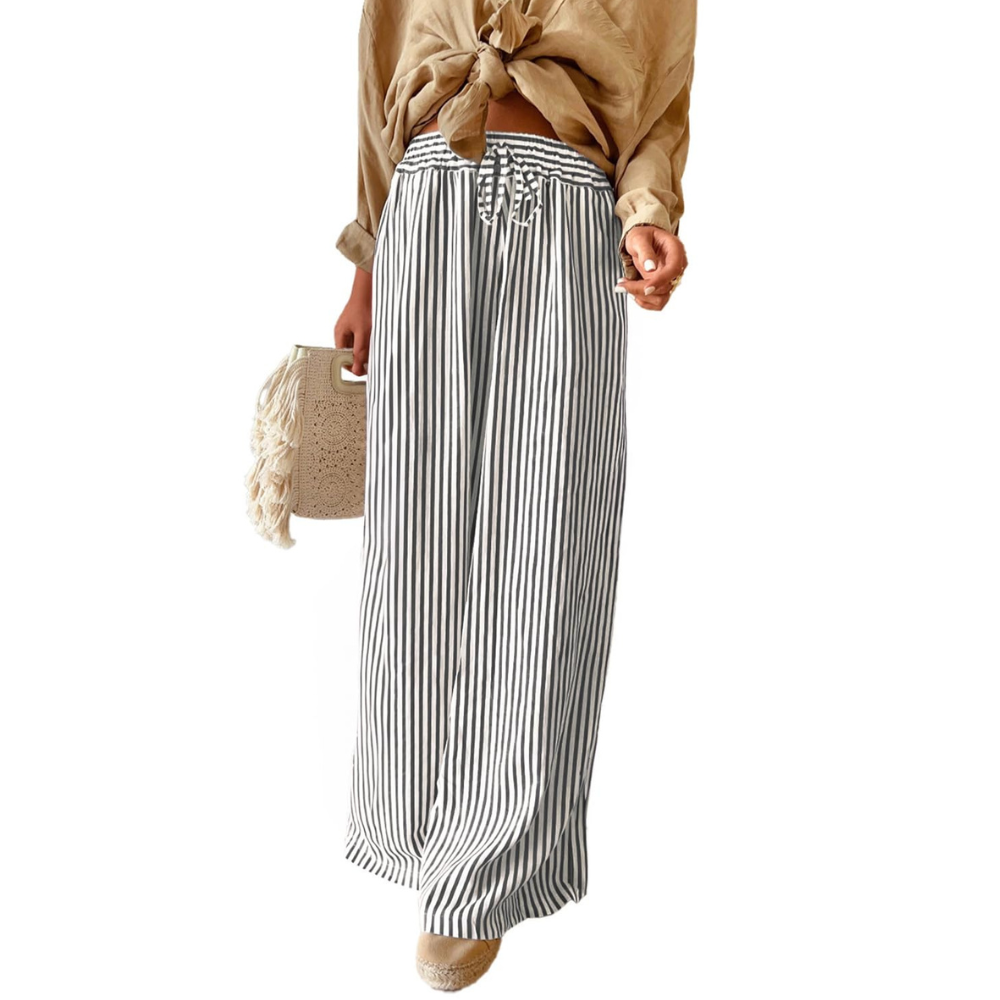 Peper Pantaloni Wide Leg Donna – Modello a Righe con Coulisse e Tasche