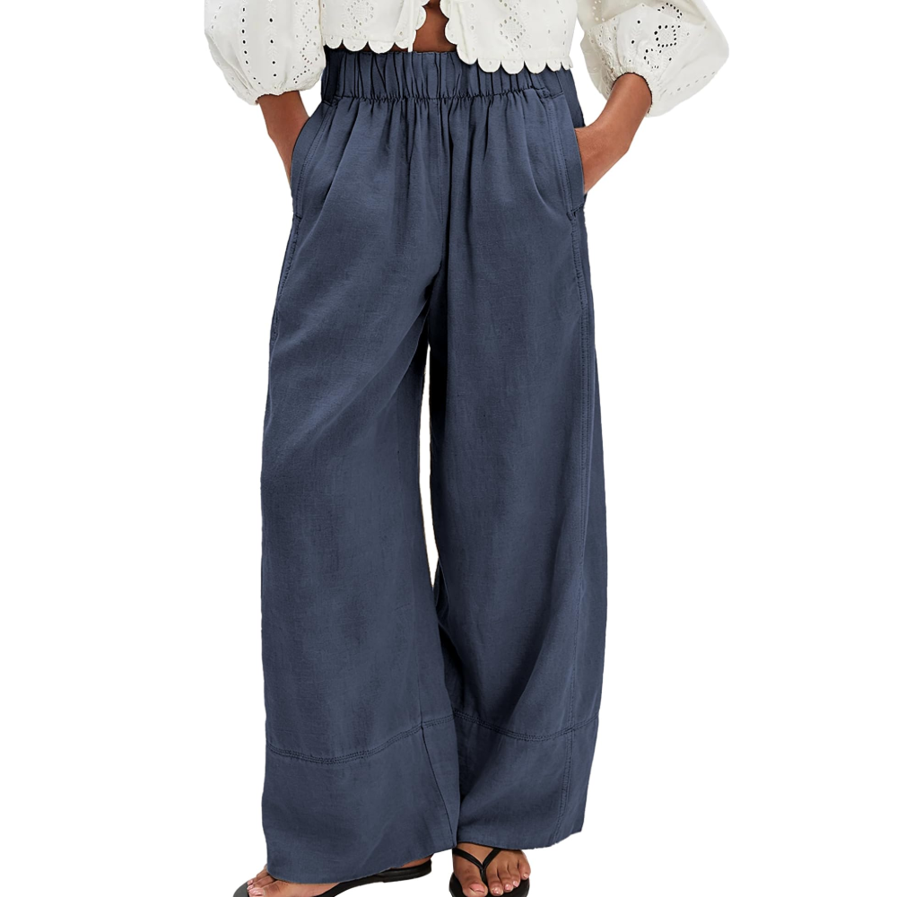 Genevieve Pantaloni in Lino Donna – Palazzo Wide Leg con Pieghe e Tasche