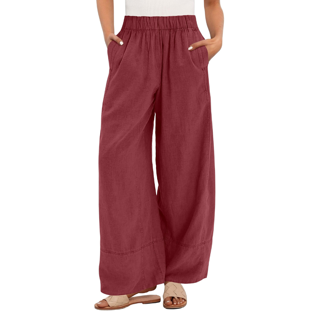 Aurora Pantaloni in Lino Donna – Modello Wide Leg con Vita Elastica e Tasche