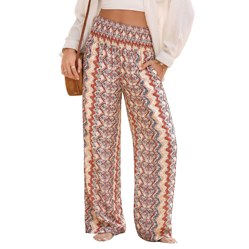 Rebecca Pantaloni Palazzo Donna – Modello Boho Floreale a Vita Smock con Tasche