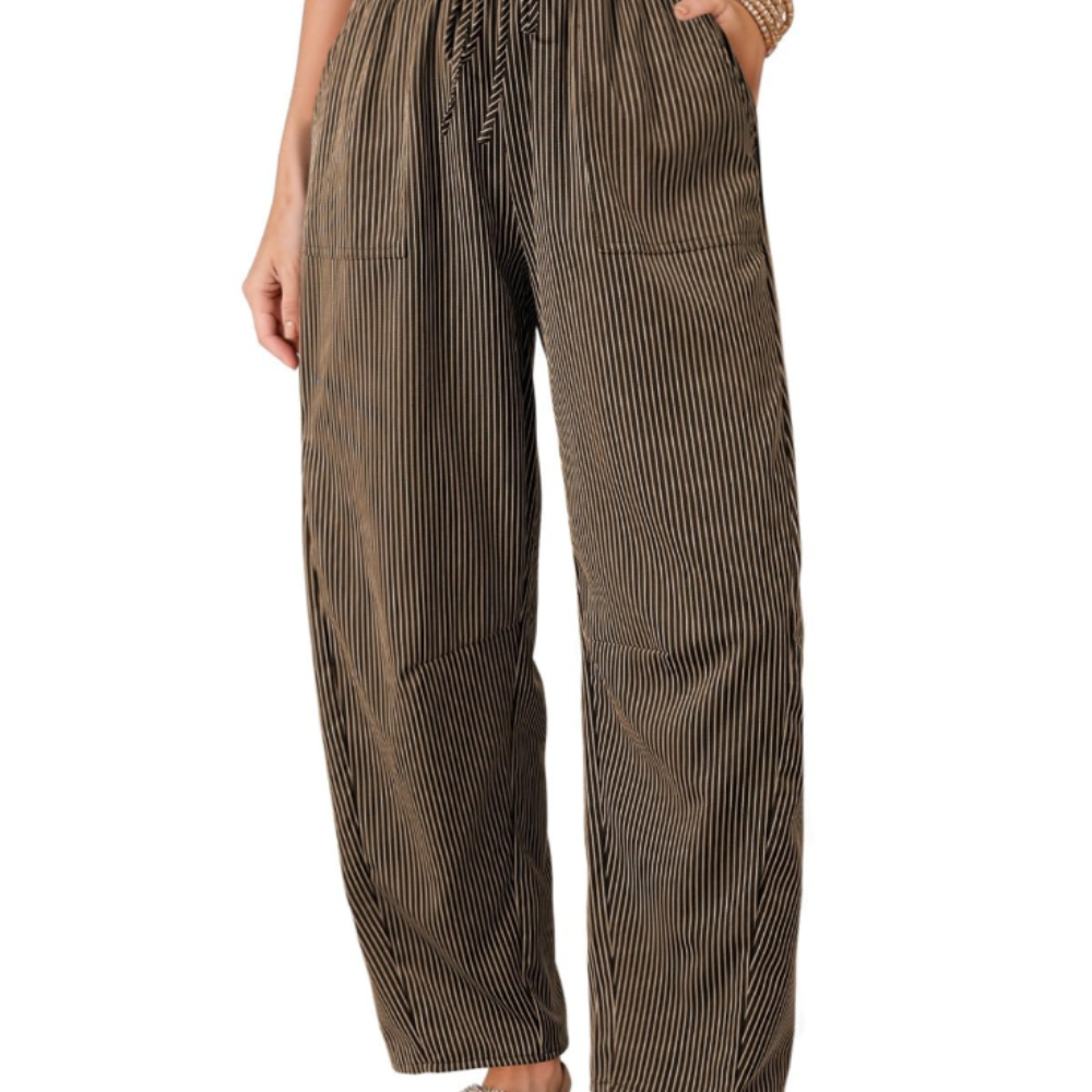 Livy Pantaloni Barrel Donna – Modello a Righe con Vita Paperbag e Tasche