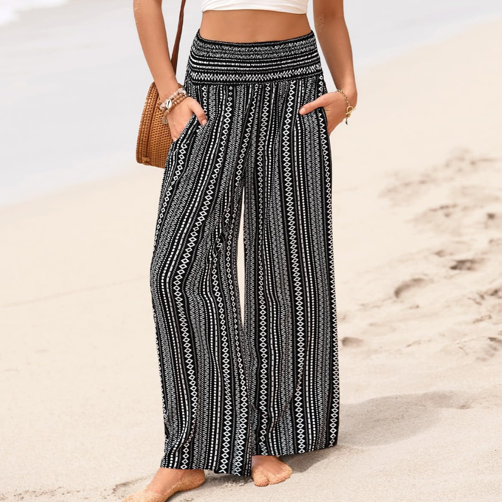 Rebecca Pantaloni Palazzo Donna – Modello Boho Floreale a Vita Smock con Tasche