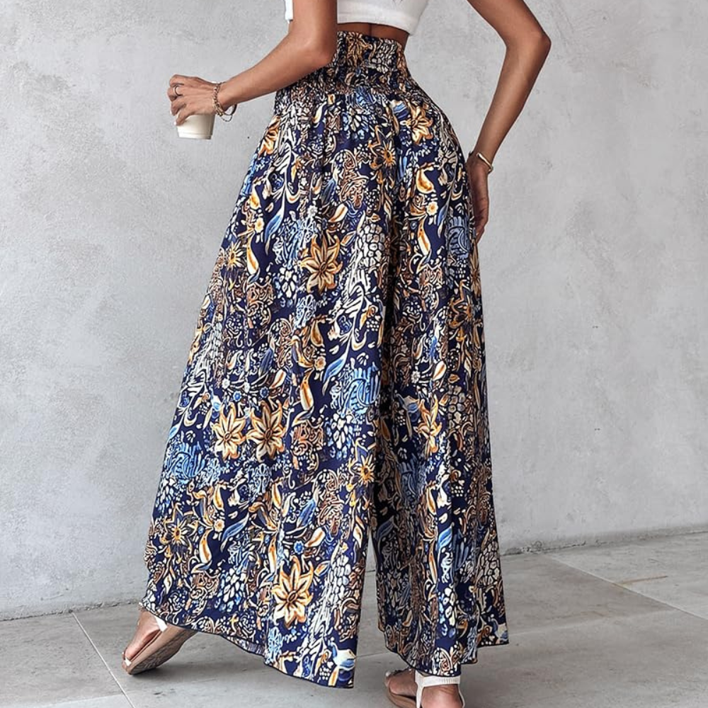 Thea Pantaloni Palazzo Donna – Modello Boho Floreale a Vita Alta