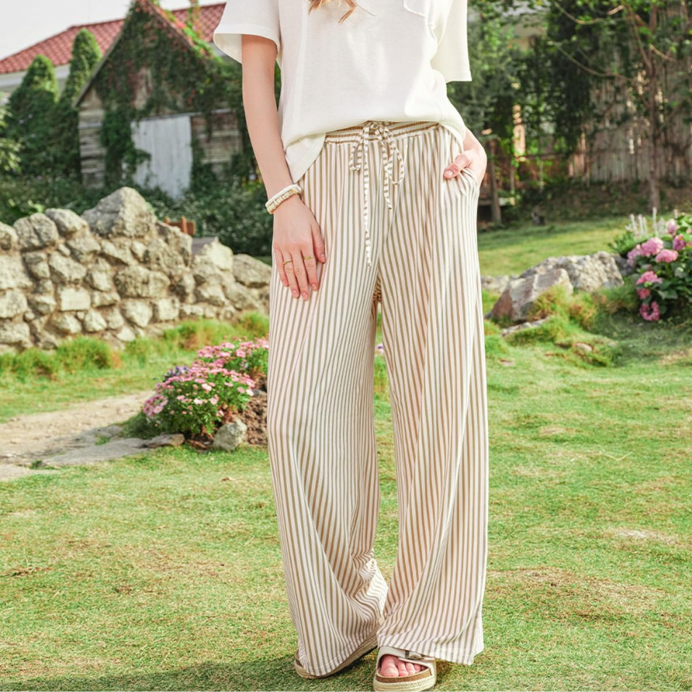Peper Pantaloni Wide Leg Donna – Modello a Righe con Coulisse e Tasche