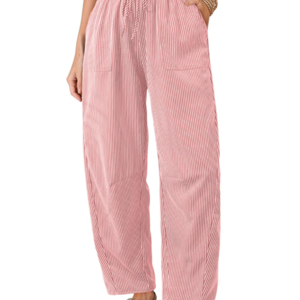 Livy Pantaloni Barrel Donna – Modello a Righe con Vita Paperbag e Tasche