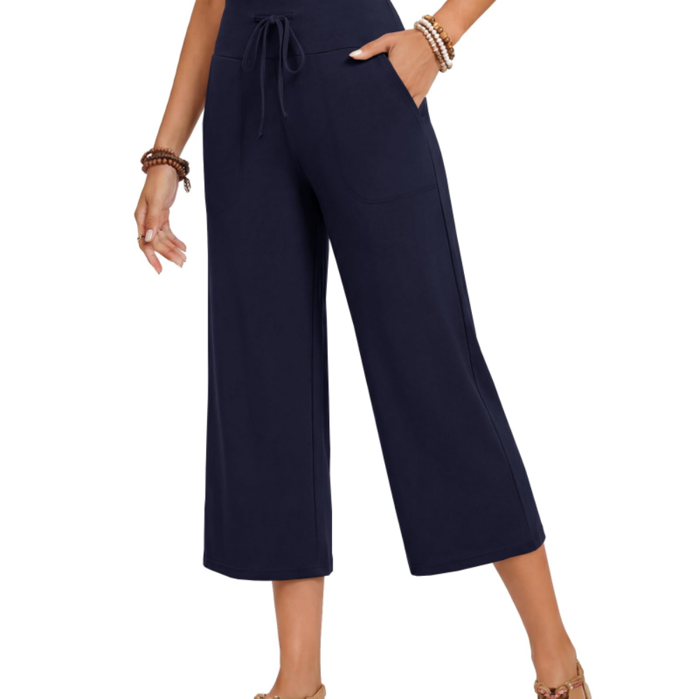Aria Pantaloni Capri Donna – Modello Palazzo a Vita Alta con Coulisse e Tasche