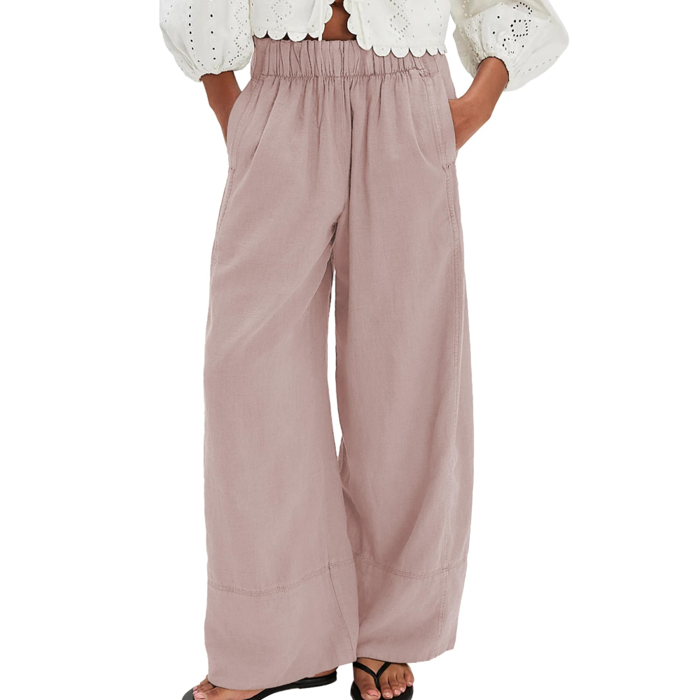 Genevieve Pantaloni in Lino Donna – Palazzo Wide Leg con Pieghe e Tasche