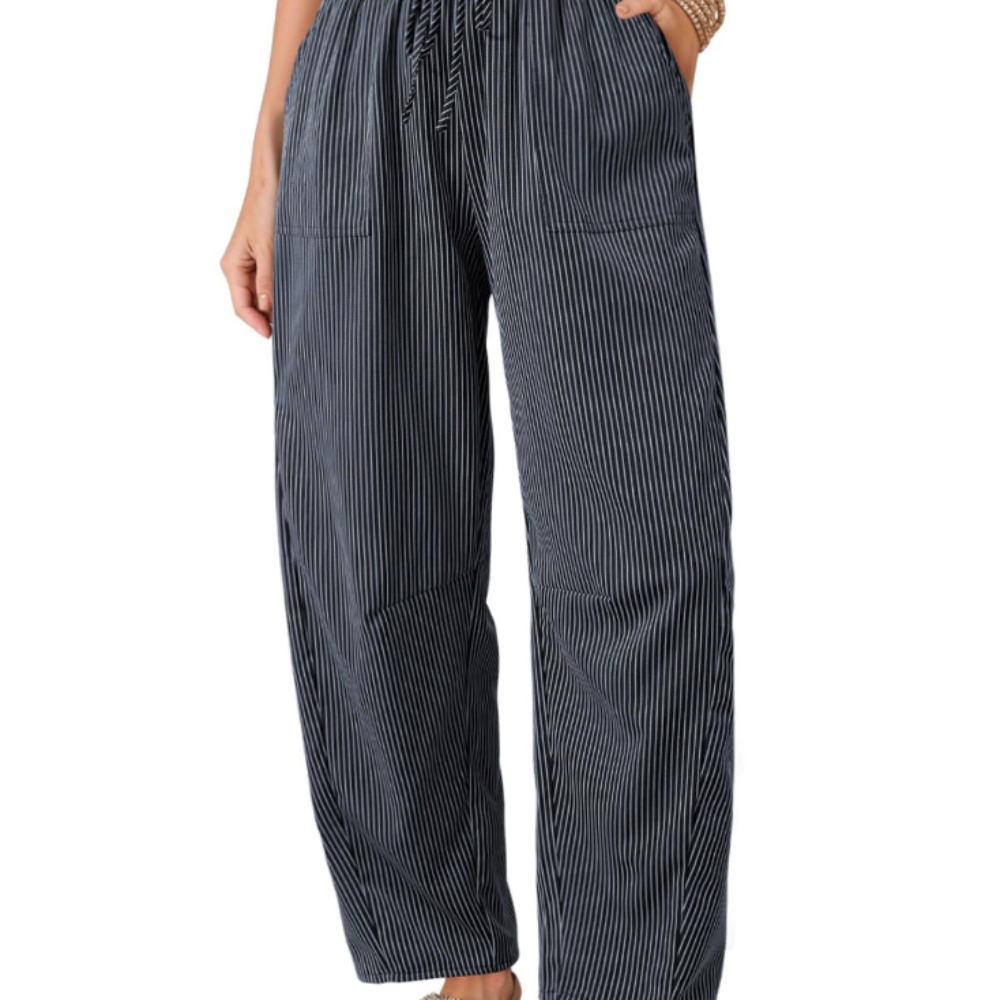 Livy Pantaloni Barrel Donna – Modello a Righe con Vita Paperbag e Tasche