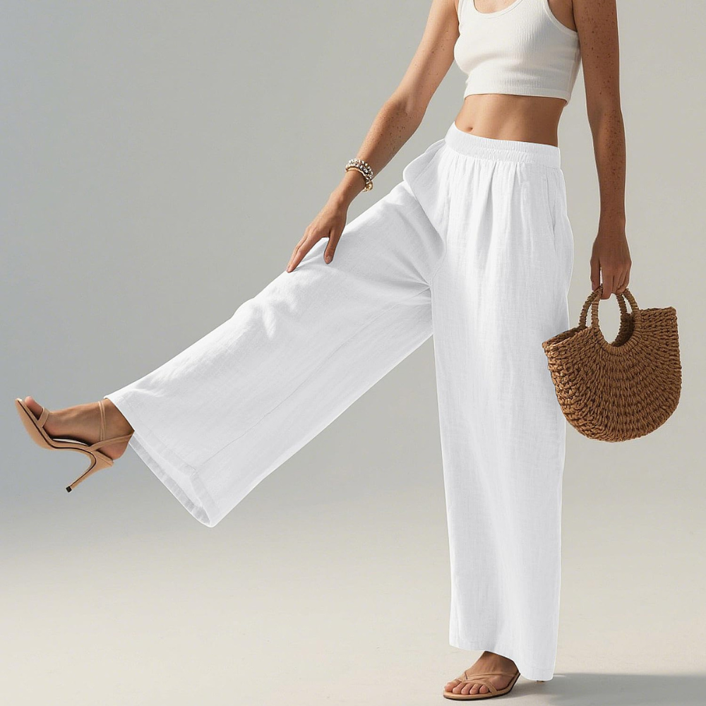 Bianca Pantaloni in Lino Donna – Modello Palazzo Wide Leg con Vita Elastico e Tasche