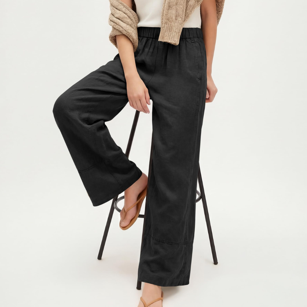 Aurora Pantaloni in Lino Donna – Modello Wide Leg con Vita Elastica e Tasche