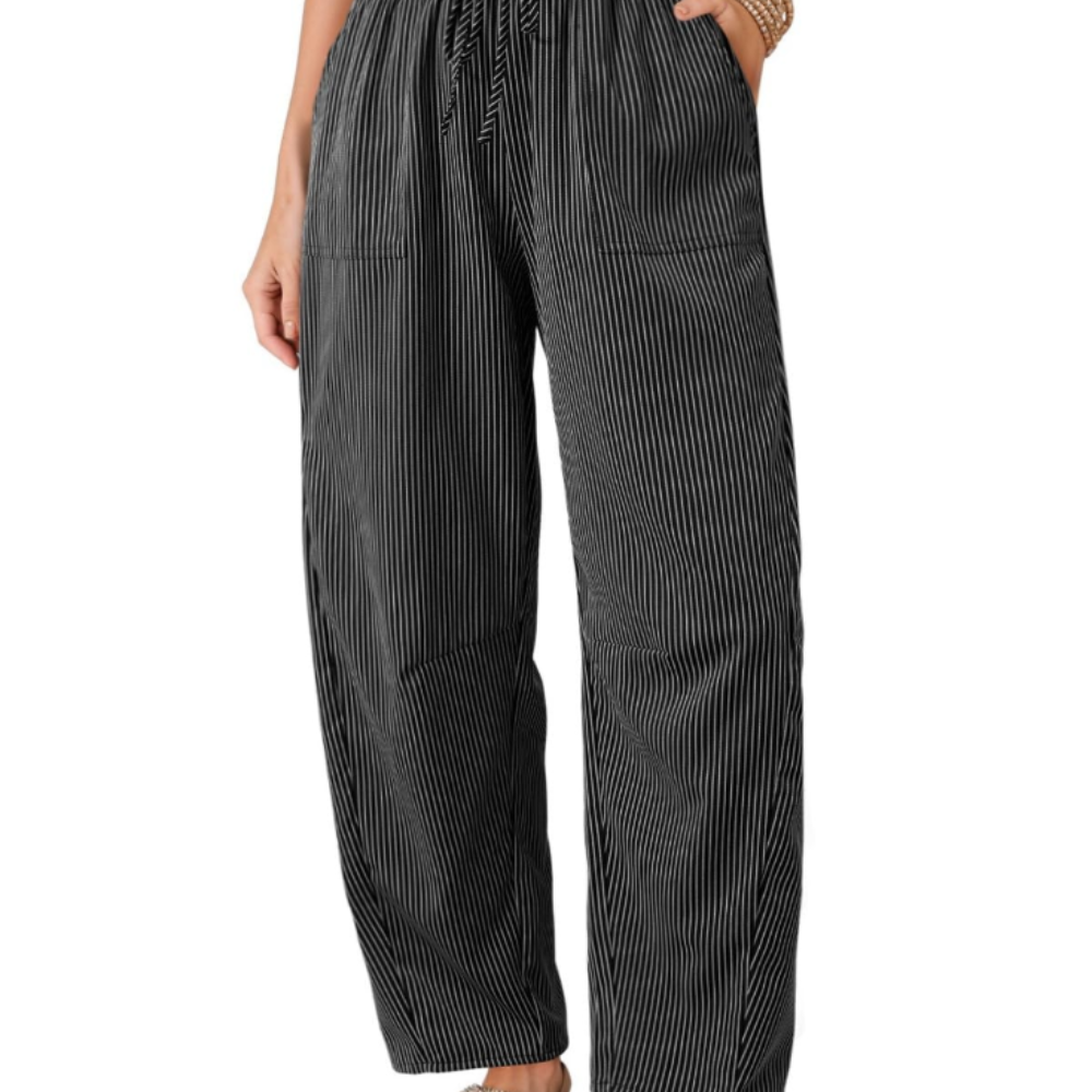 Livy Pantaloni Barrel Donna – Modello a Righe con Vita Paperbag e Tasche