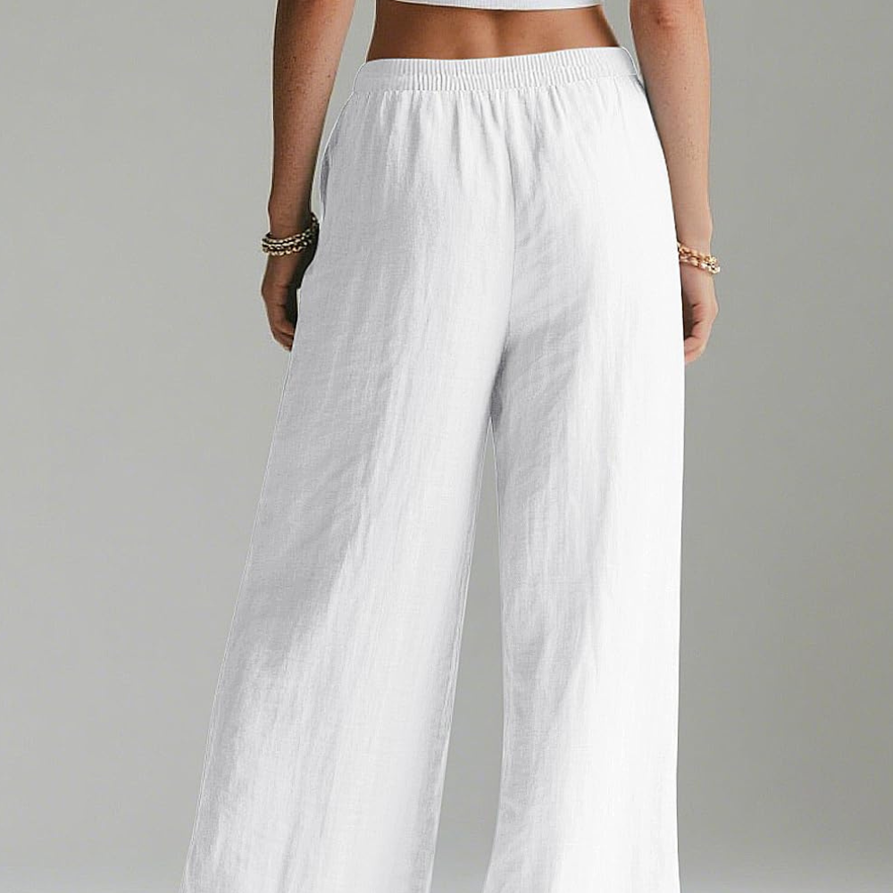 Bianca Pantaloni in Lino Donna – Modello Palazzo Wide Leg con Vita Elastico e Tasche
