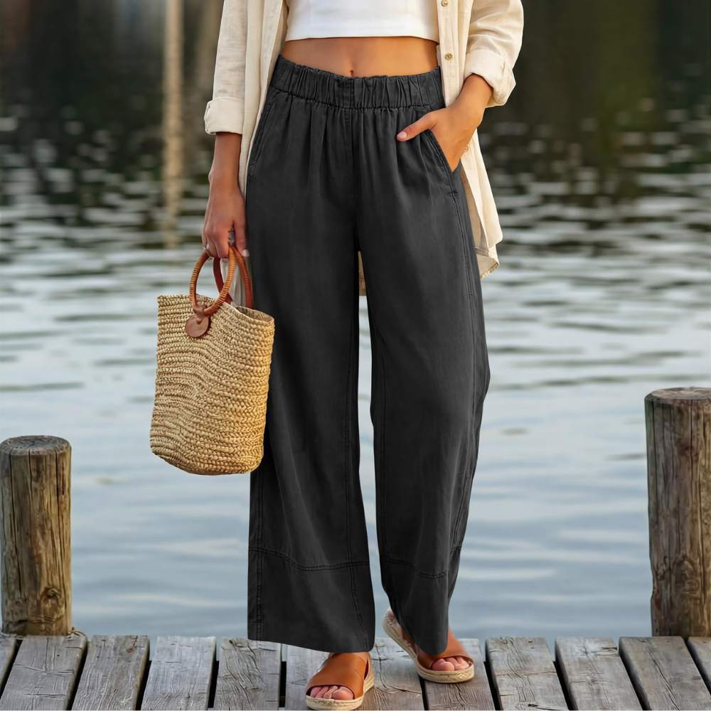 Aurora Pantaloni in Lino Donna – Modello Wide Leg con Vita Elastica e Tasche