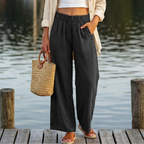 Aurora Pantaloni in Lino Donna – Modello Wide Leg con Vita Elastica e Tasche