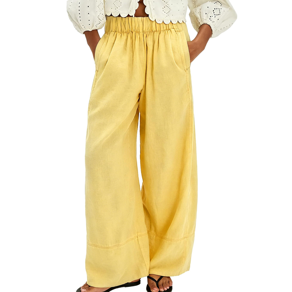 Genevieve Pantaloni in Lino Donna – Palazzo Wide Leg con Pieghe e Tasche